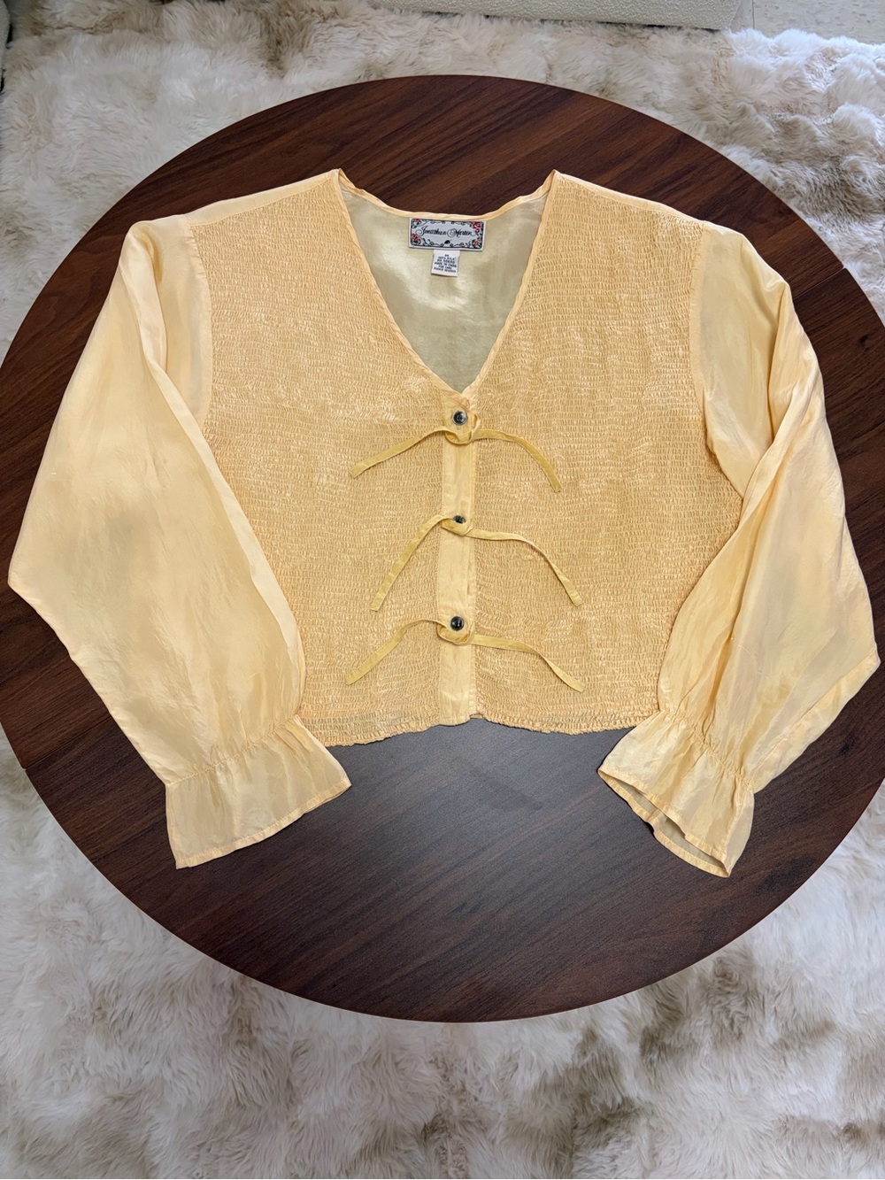 100% silk jonathan martin Pale Yellow Tie-Front Textured Blouse